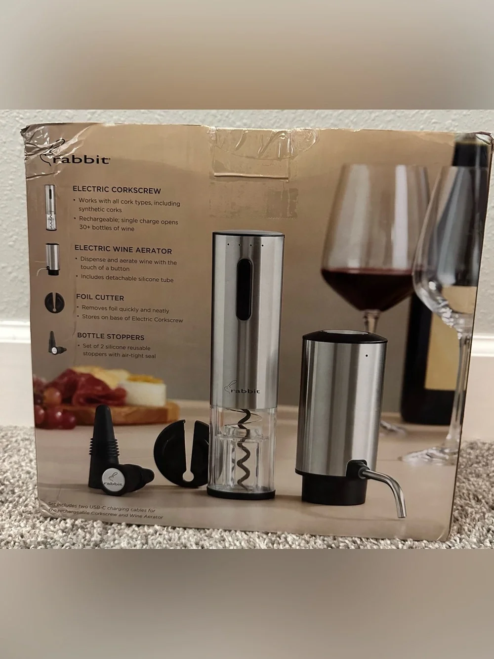 Rabbit 5 Piece Electric Wine Aerator And Corkscrew Set NWT